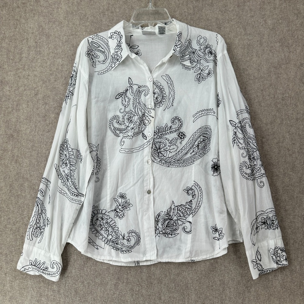 Chicos Button Front White Black Paisley Print Long Sleeve‎ Top 3 XL Lightweight